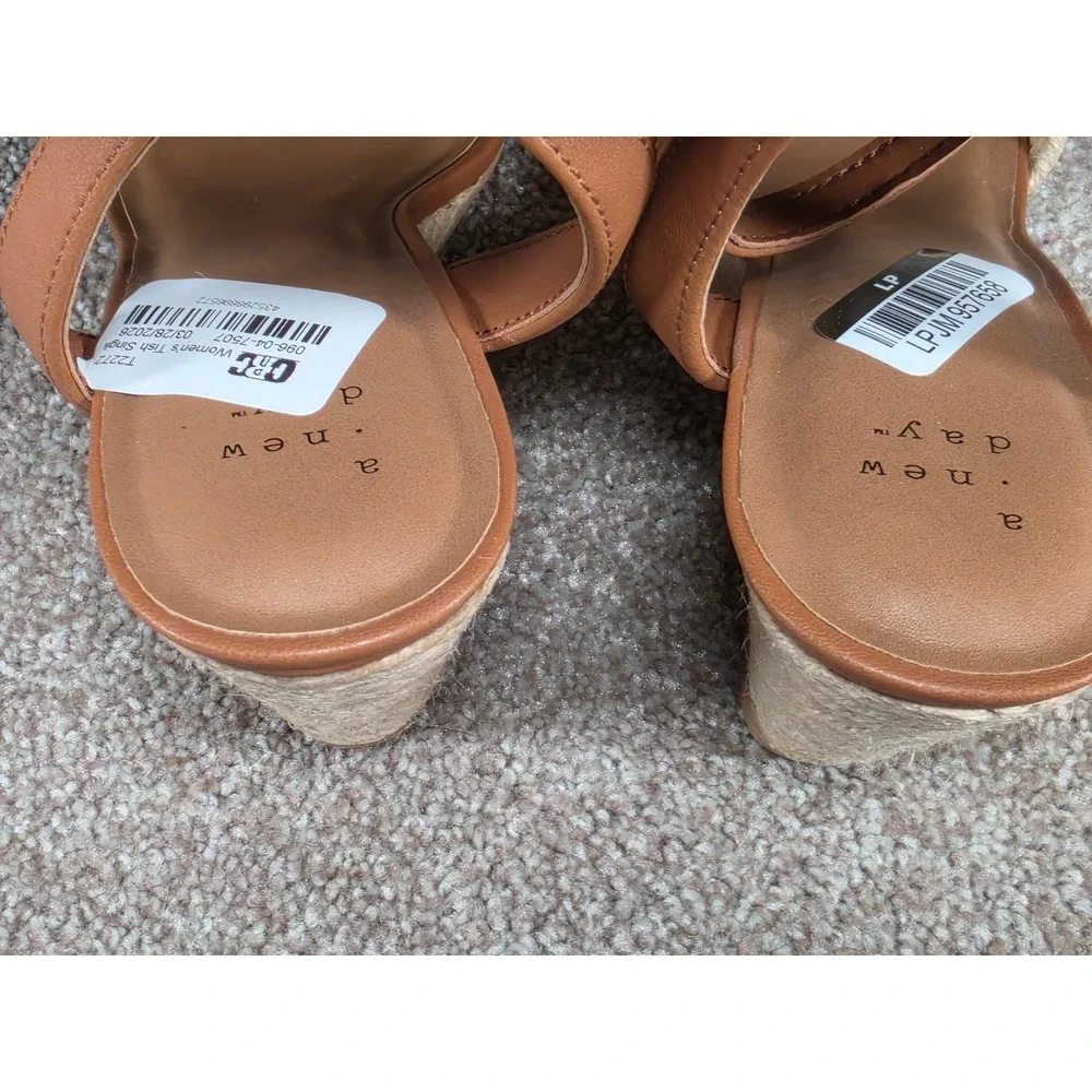 A New Day Tish Slingback Espadrille Wedge Sandals Cognac Brown Braided Jute 7.5